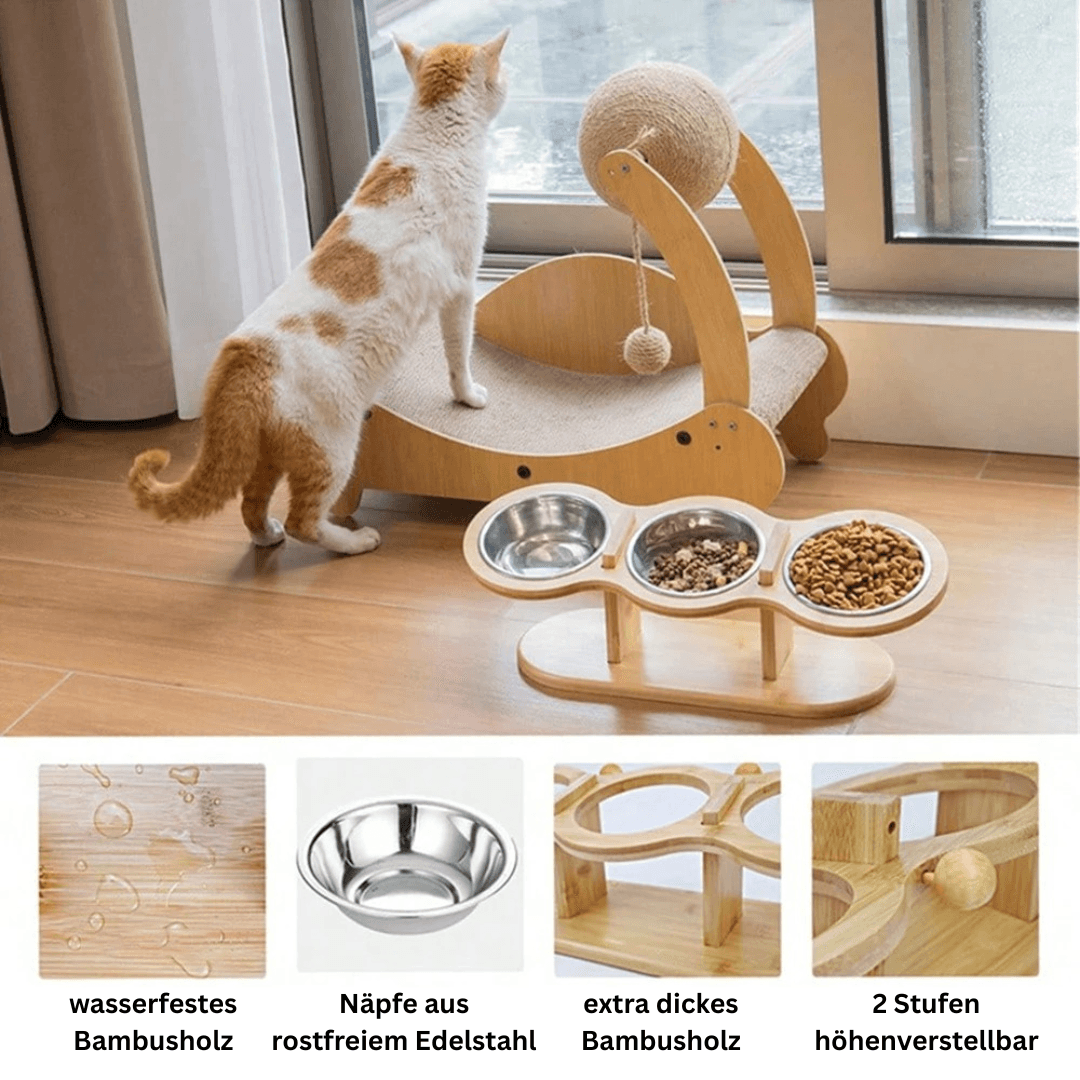 3in1 erhöhter Futternapf Fressnapf Futterstation Holz Katze TRENDMOPS SNACKSTATION