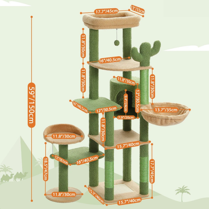 TRENDMOPS KAKTUSPFOTE - Kaktus Katzenbaum 150cm mit 6 Ebenen, Hängematte, Höhle, Kratzbaum und 2 Bettchen