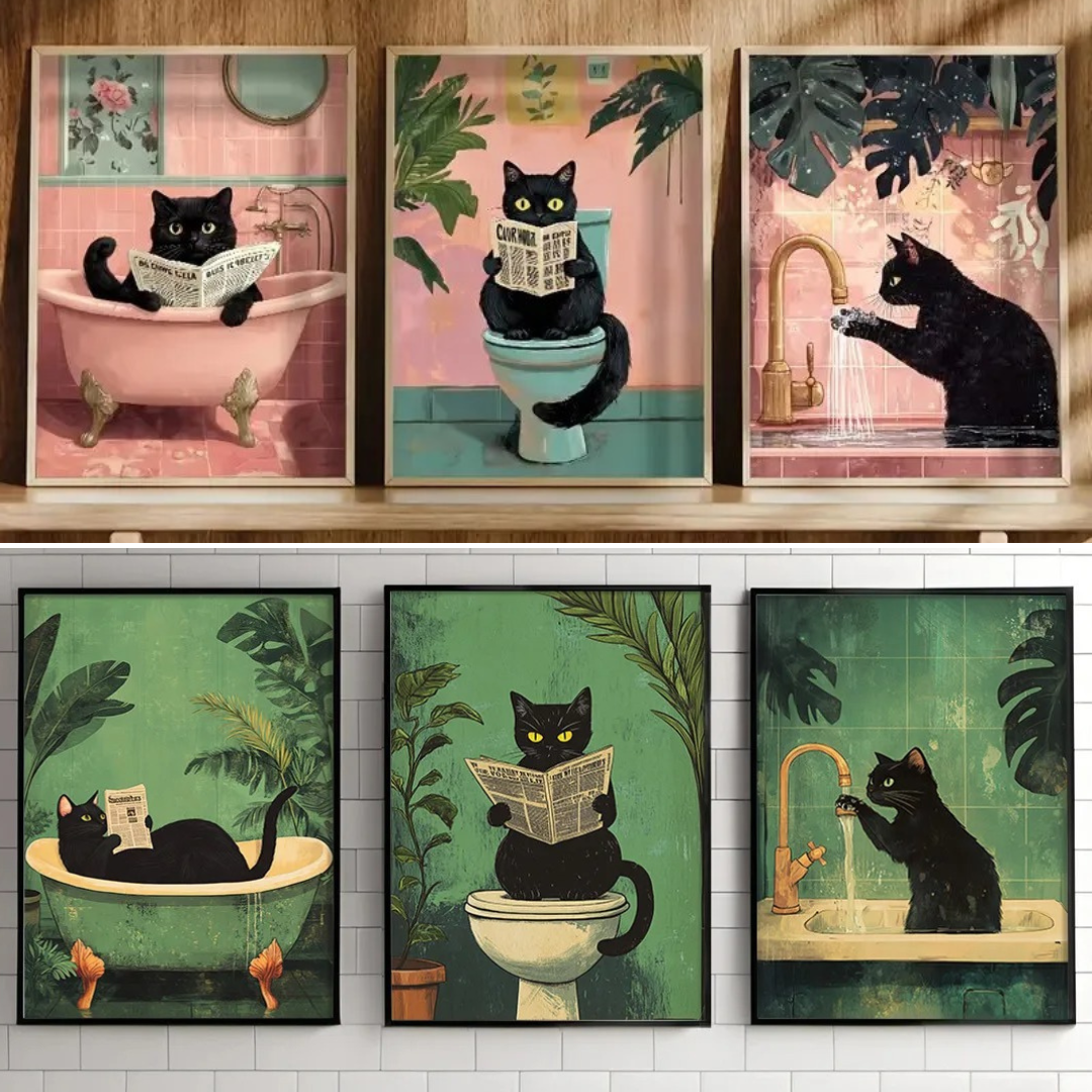 Katzenbilder 3er Set Leinwand Kunstdruck Badezimmer TRENDMOPS CATMAGIC