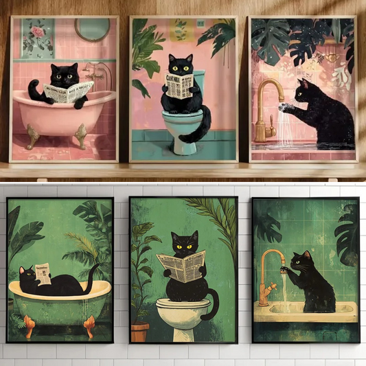 Katzenbilder 3er Set Leinwand Kunstdruck Badezimmer TRENDMOPS CATMAGIC