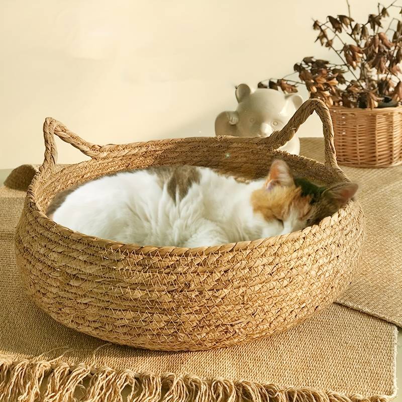 TRENDMOPS INAMORA - Rundes Katzenbett aus Rattan mit Kuschelkissen