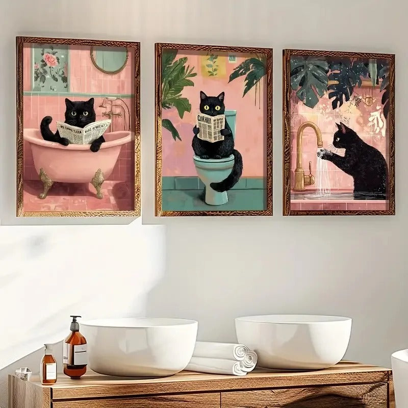 Katzenbilder 3er Set Leinwand Kunstdruck Badezimmer TRENDMOPS CATMAGIC