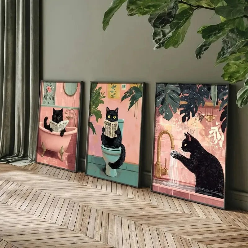 Katzenbilder 3er Set Leinwand Kunstdruck Badezimmer TRENDMOPS CATMAGIC
