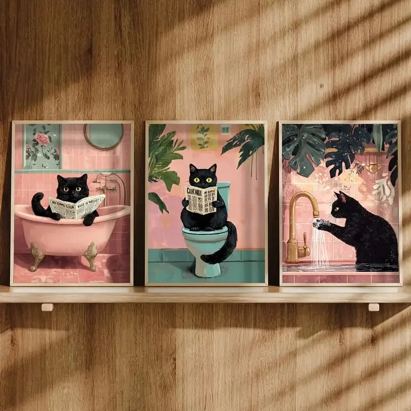 Katzenbilder 3er Set Leinwand Kunstdruck Badezimmer TRENDMOPS CATMAGIC